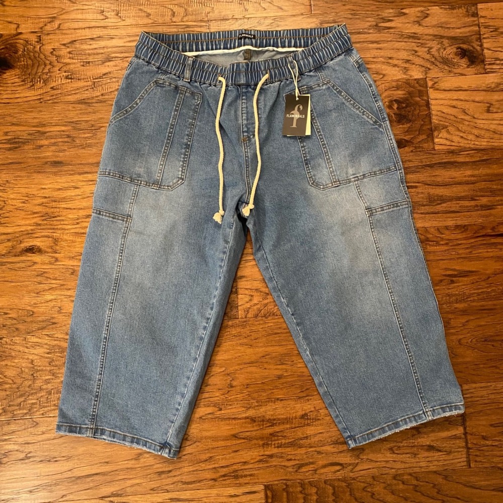 Flamingals Crop Denim Pants Womens 4XL Blue Elastic Waist Drawstring Capris
